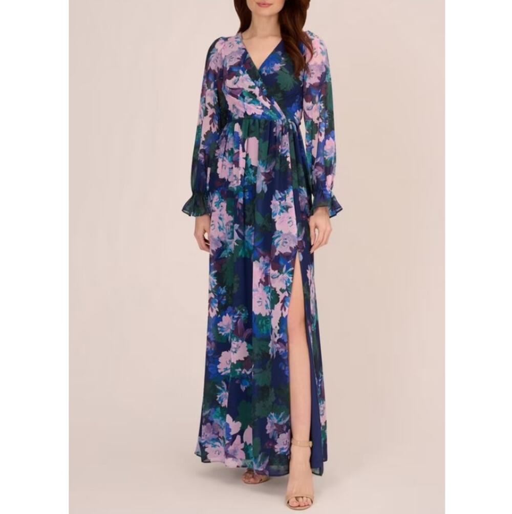 New ADRIANNA PAPELL Navy Multi Floral Print Chiffon Maxi Dress Size 8 Fallcore